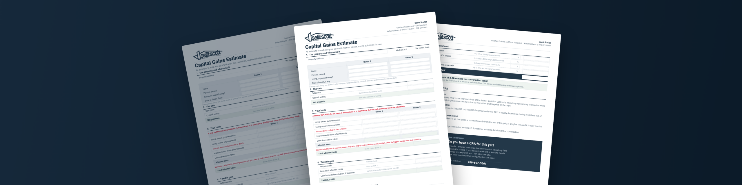 The Capital Gains Estimate worksheet pages spread out, a free tool for anyone selling a house in California