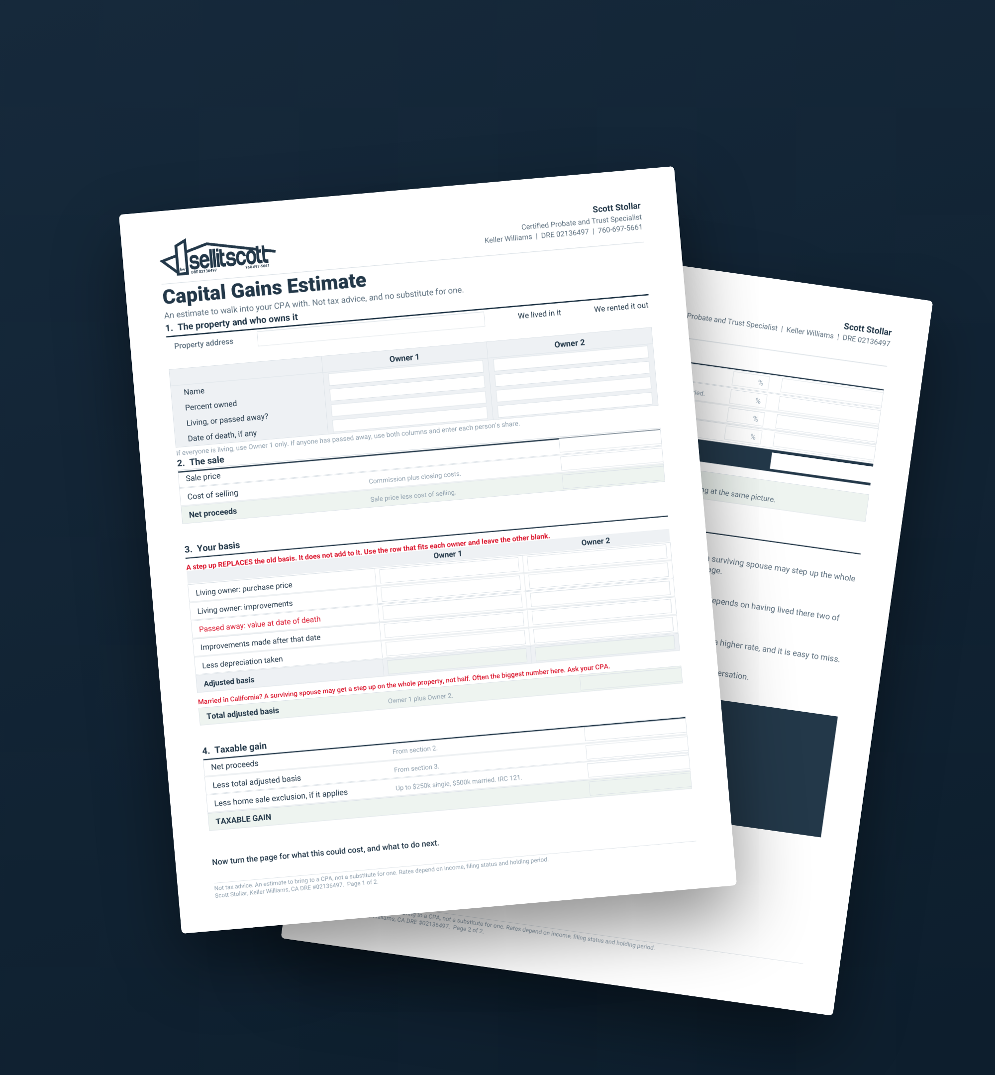 The Capital Gains Estimate, a free two page worksheet for anyone selling a house in California